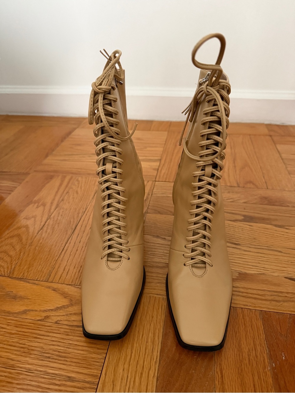 Zara Tan Lace-Up Square-Toe Ankle Boots